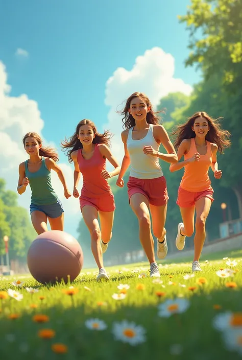 A group of four beautiful young women are doing a running pose following a big Rolling Ball.