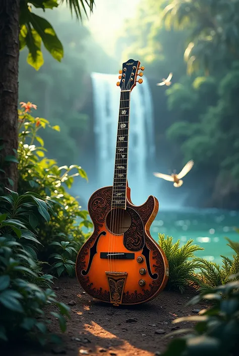 Create an image with a guitar and exotic backgrounds
