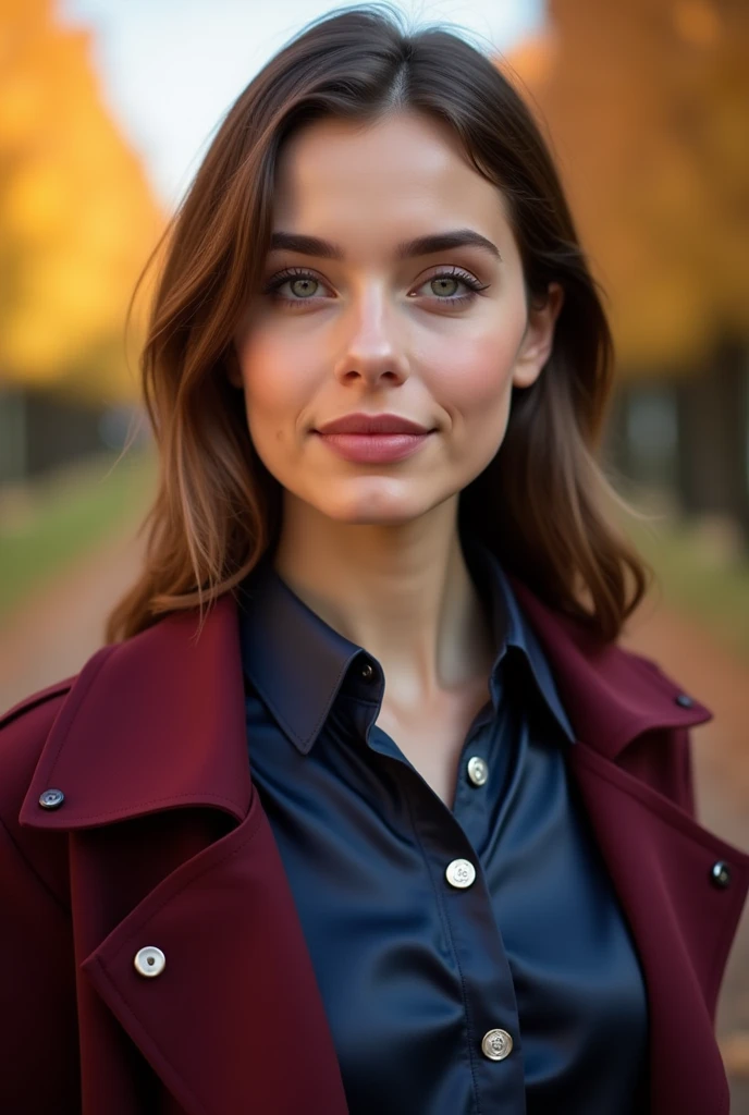 A picture of a young 20 year old German woman with radiant complexion and brunette, well-groomed hair. Her eyes are light colored, accentuated with natural make-up and mascara. She wears a subtle pink lipstick. Necklace, Her outfit consists of a shiny, ele...