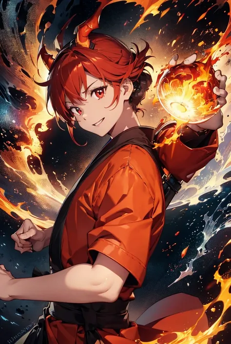 Beautiful flame dragonewt male, a man, handsome, cool, handsome, smiling, with a glowing flame in his hands, wearing flame magic on his body, he has long red hair with burning flames on his head has horns, he is wearing a red traditional Japanese kimono li...