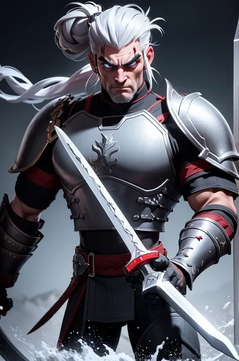 A stern and imposing soldier with long white hair tied in a bun, wearing black and red heavy plate armor with silver accents. His colossal sword, with a shining blade that covers his entire back, reflects his focus on strength over speed. Scar across his l...