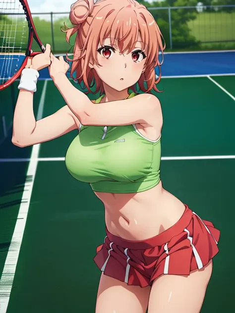 ((Highest quality, High resolution,  Perfect Pixel,  4K)),  (Beautiful Anime Girls), Depth of written boundary、

Perfect body, 

yuigahama yui, (Big Breasts:1.1)、 Red eyes、 short hair, Single hair bun、

Tennis Wear、

summer、sunlight、

Tennis court、