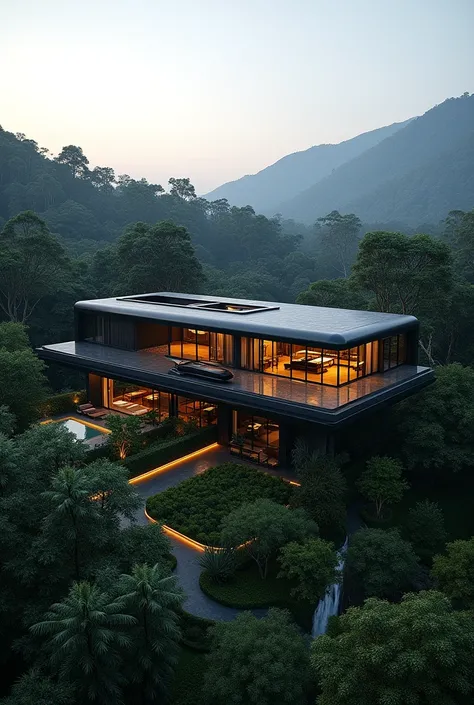 Create a luxurious house in the shape of a sleek, black private jet, repurposed into a modern dwelling The jet is integrated into a tropical forest setting, with large glass windows revealing warm, ambient lighting inside the home. The structure features t...