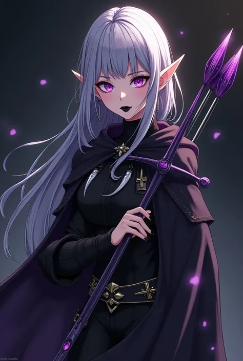 Woman Elf: purple eyes, spiral-shaped pupils, lined eyelashes, mole under the left eye, long bob silver hair with bangs, purple highlights, pointed ears, black lipstick, black nails, evil expression, slightly athletic physique, using black cleric tunica wi...