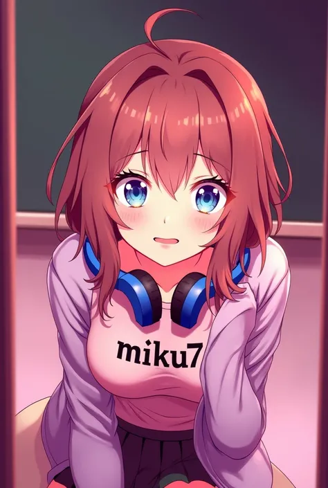 The word is embroidered on his shirt "Miku77" very small and she has dark brown hair, a fringe, tight white shirt that shows her big breasts, and she has blue headphones around her neck and a green skirt where you can see her legs.
She is a realistic Japan...