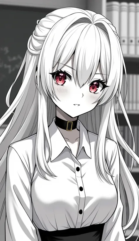 Monochrome manga illustration, female student character, striking long white hair styled in an adorable two-side-up fashion, deep red eyes glowing with intellect, adorned with a sleek black choker enhancing her elegant presence, set against the backdrop of...