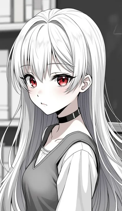 Monochrome manga illustration, female student character, striking long white hair styled in an adorable two-side-up fashion, deep red eyes glowing with intellect, adorned with a sleek black choker enhancing her elegant presence, set against the backdrop of...