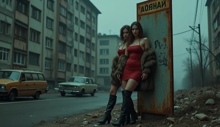 A photorealistic image of a busty 2 woman leaning against a rusty bus stop sign in an abandoned Russian suburb. She is dressed in a short, tight red dress with thigh-high boots and a fur coat that barely covers her shoulders. The bus stop is surrounded by ...