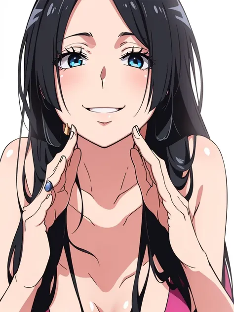 best quality, masterpiece, highly detailed,1girl, Boa Hancock, , (masterpiece:1.5), Detailed Photo, Smiling, Sexy, (8K, Best Quality: 1.4), (1girl), Beautiful Face, (anime realistic Face), (Black Hair, long Hair: 1.3), Beautiful Hairstyle, Realistic eyes, ...