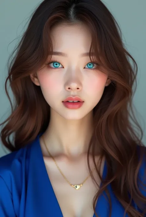 Korean, K-pop Idol, long chestnuts brown wavy hair, torquise blue eyes, royal blue stylish top, almond eyes, small face, small pink heart shaped lips. Realistic. 