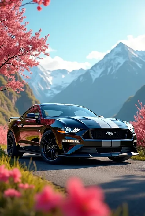 Mustang GT feel like real mustang gt 
stan on mountain view and background is spring season  