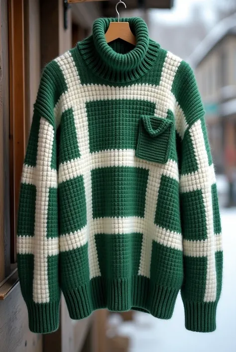 A winter sweater for a man, like high throat, plus size, long and chubby sleeves, with straight squares in different shades of green and white that come together and form the piece, with a small green crochet heart sewn into a white square on the left side...