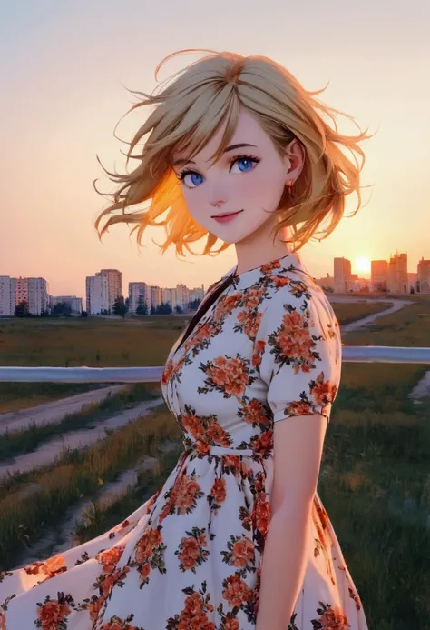 1girl, solo, young, blond hair, short hair, messy hair, blue eyes, smile, vintage floral dress, edgVTD, a woman in a floral dress, wearing edgVTD, half-body, sunset, wind, soviet city