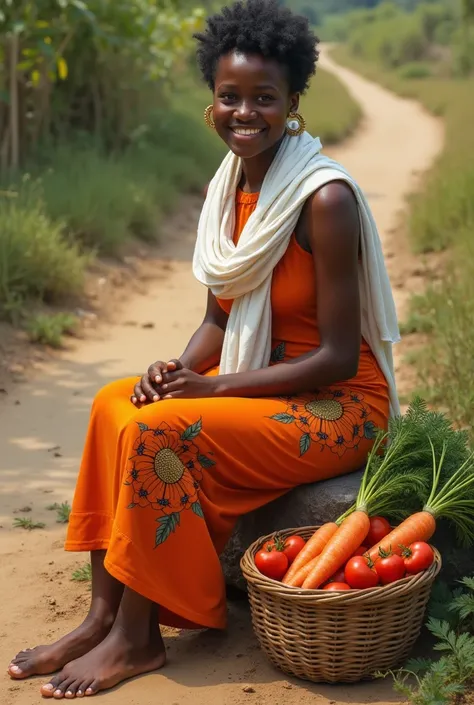 Une jeune et jolie malgache souriante  , peau bronzée, cheveux lisses et courts, portant une robe fleurie orange et porte dessus un lamba ou tissu large   blanc entourant le cou ,lautre bout  pendant le long du corps   et lautre bout du tissu remonte et se...