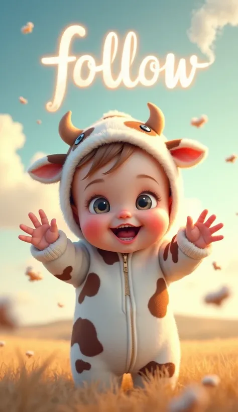 cute baby, cow cosplay, arms, hands ,cute eyes, looking at viewer, arms up, cute clothes, flawless, sky background, straight, long pants, full body, glowing, write on sky with smoke: "Follow"