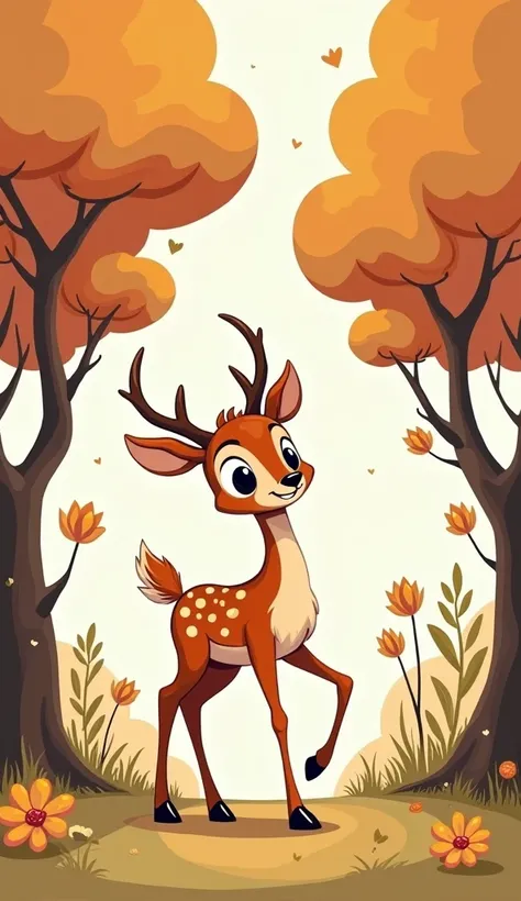 2D cartoon art style, initial sketch featuring a playful deer with oversized eyes and a joyful expression, elongated legs and a compact body emphasizing its character, surrounded by whimsical trees with curvaceous trunks and oversized, leafy canopies, sket...