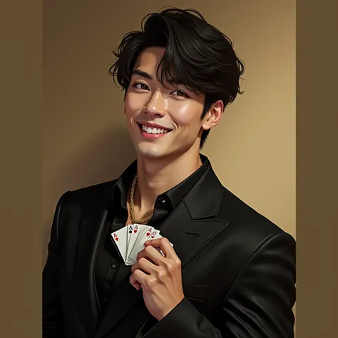 ((The best)), ((masterpiece)), (meticulous), man with asian features, black hair and brown eyes, [high, Athletic figure and beautiful smile，Poker cards in hand，wearing black suit，gold necklace around neck