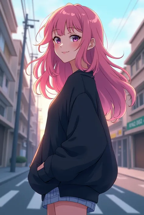 An anime-style woman with pink wavy hair, wearing a black oversized sweatshirt, smiling slightly looking to the side at the street without people