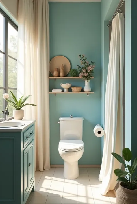 Interior of a bathroom with blue colors, beige and white. Porcelain sink and toilet. With suspended cabinet with mirror. plants. Curtain separating the shower and toilet. Shelves above the toilet with beach and farm elements.