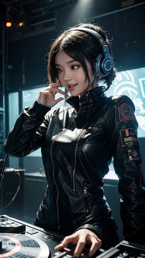 An Indonesian young female DJ wears a vinyl record player on a high-tech DJ table (upper body visible), looking at the crowd. Cybernetic enhancements add highly detailed futuristic elements to the stage table. She wears futuristic clothing and double-sided...