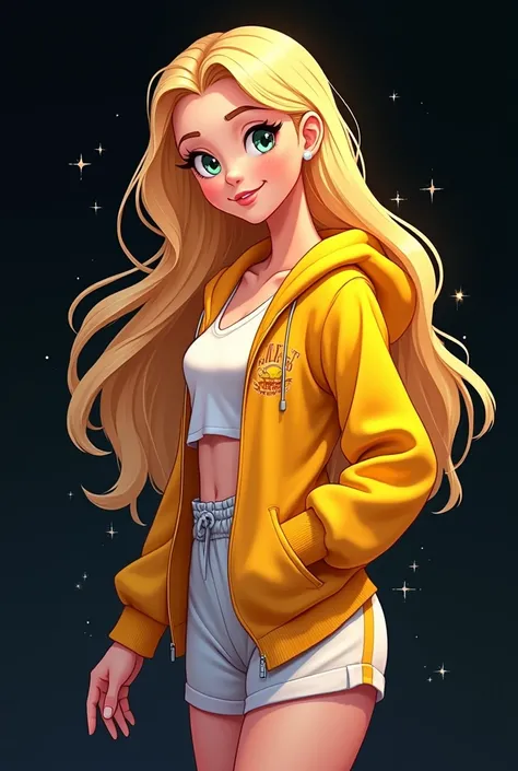 black background, Disney style teen girl, pretty,  blonde hair and yellow and white sportswear 