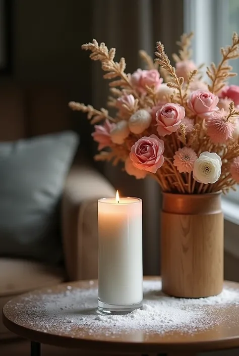 A tall cylindrical glass vase filled with white candle powder ( Please it is very important that you make sure the texture is realistically powdery and is just powder) a lit wick in the center, all this next to a wooden vase with an extraordinary arrangeme...