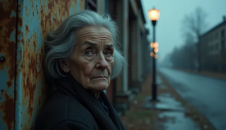 Unimmagine fotorealistica di una donna  anziana si appoggia a un cartello arrugginito della fermata dellautobus in un sobborgo russo abbandonato nd the dim, cold streetlight casts eerie shadows across her face, emphasising the emptiness of the desolate sur...