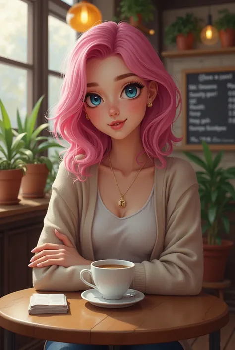 20 year us  realstic model pink hair blue eyes in coffie shop