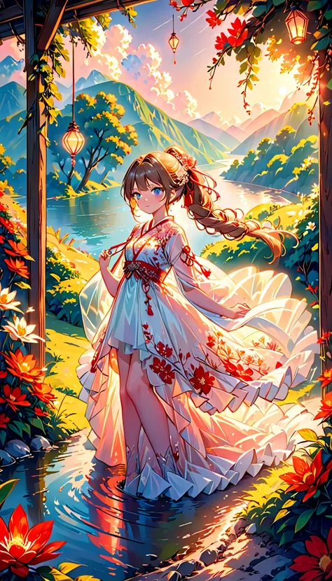 Anime Girl Beauty, ideal anatomy, Bright,  She is wearing a flowing, transparent light ROSE GOLD embroidery gown that looks like its made of delicate glass or crystal, adorned with intricate floral patterns and luminous beads and flying lantern that catch ...