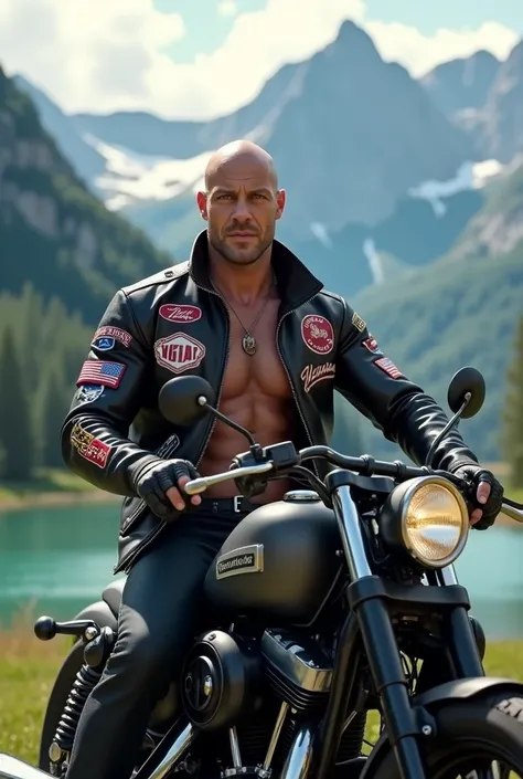 Big body builder white European bald men wearing black leather jacket brand logos sitting on heavy motor bike in mountain area near lake 