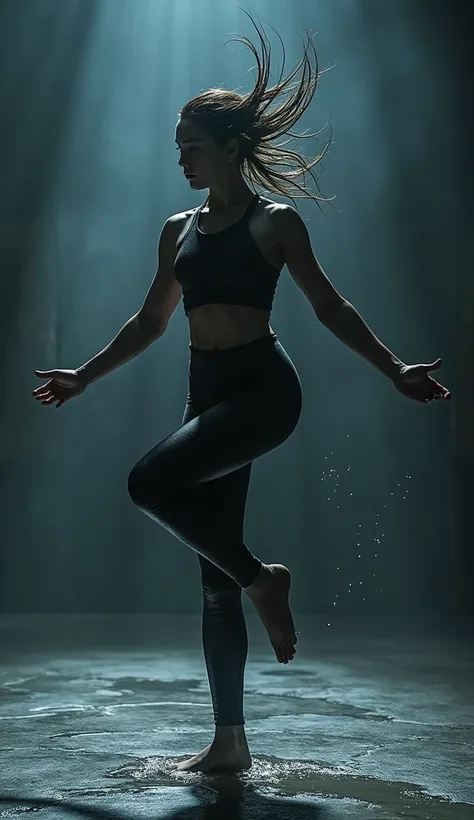 a telepathic superheroine with telekinetic powers, performing advanced black capoeira martial arts, detailed dynamic pose, cinematic lighting, dramatic shadows, highly detailed, photorealistic, 8k, masterpiece