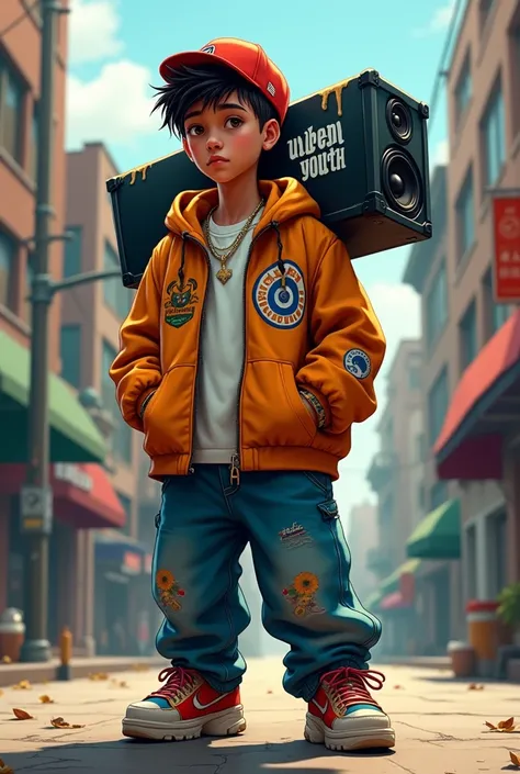 A boy wearing baggy hip hop dress and keeping a speaker on his shoulder on the speaker written URBAN YOUTH the boy in standing in the urban city 