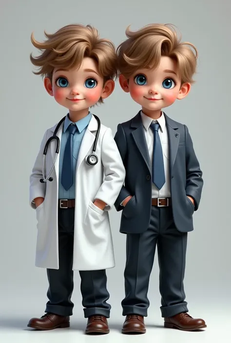 Twins of approx. 2, light brown hair and blue eyes, different hairstyle, One dresses as a doctor and the other as a businessman, handsome and sexy, The doctor is more muscular than the other