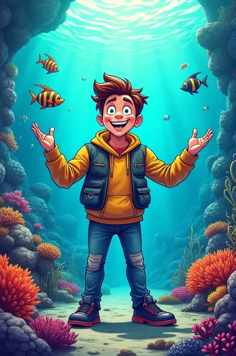 Comic-style presenter in a marine environment