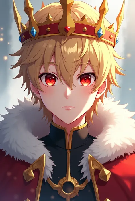 A young king with blond hair and red eyes, that has a crown and its skin is white, that everything is anime, that it is a man and that in the background you are transparent 
