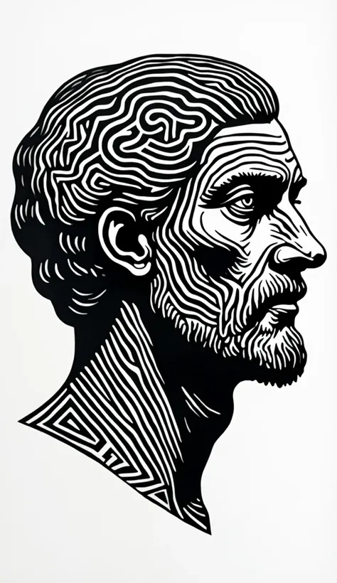 A black and white linocut of the head of Thales of Miletus, with intricate patterns forming an abstract representation of labyrinthine walls within it, Simple Background, completely white background