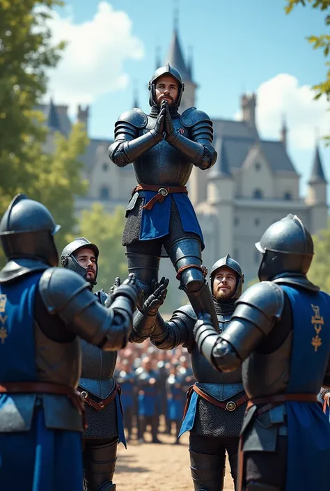 Medieval knights in dark blue armor practicing cheerleading