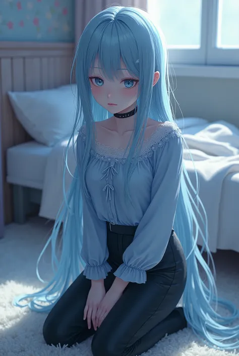 A girl with long, icy blue hair kneels on a soft, light carpet in a cozy room. Her hair falls around her shoulders, shimmering like frost. She wears a matching blue blouse with lace details and black trousers. Tears stream down her cheeks, reflecting the s...