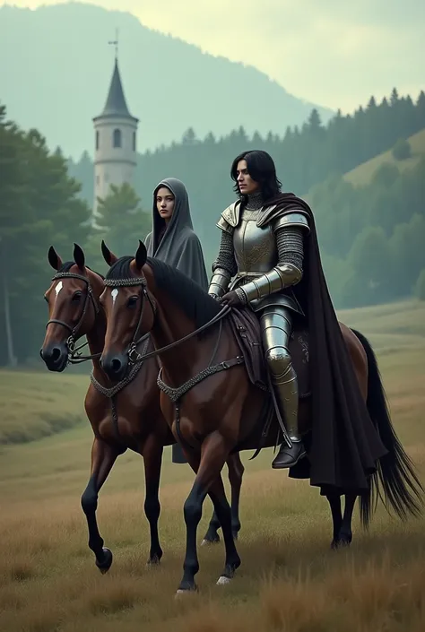 Medieval knight with shoulder-length black hair, riding a gray horse, along with a woman on a hooded horse 