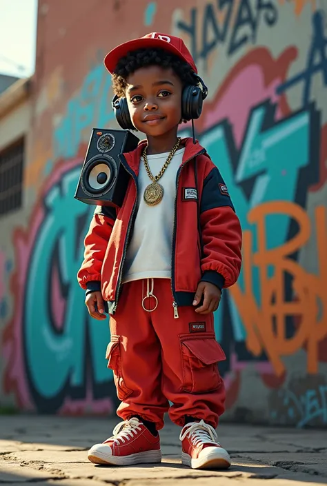 A boy wearing baggy hip hop dress and keeping a speaker on his shoulder on the speaker written URBAN YOUTH in the background there is wall on the wall painted URBAN YOUTH 