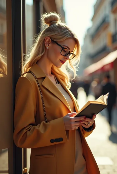 woman, blonde, shopping, with glasses, reading book, full body, extremely detailed, Playmate, 8k, trends on ArtStation, intricate, high detail, sharp focus, model photo, real