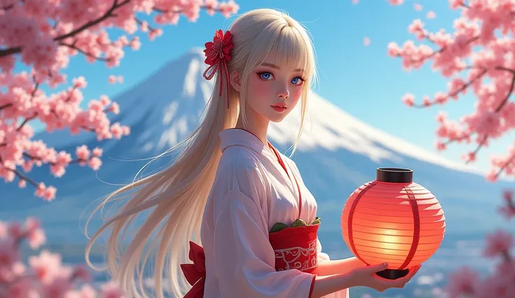 Full body woman, Japanese woman with blonde hair, light skin, blue eyes, of traditional dress, holding a traditional lantern, with cherry trees and Mount Fuji in the background