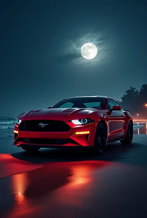 Red ford mustang in drak night beside with beach 
With car lightning 