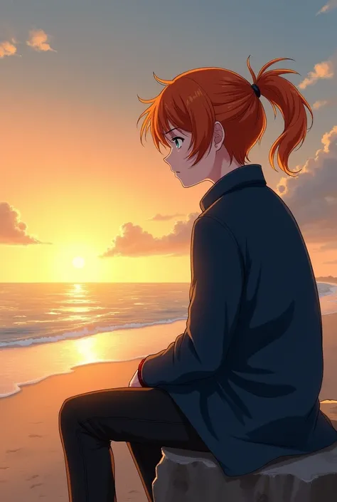 A boy looking at the beach watching a sunset, sitting on a rock, Medium long red hair tied in a ponytail, with a navy blue coat and black pants, cold and lost look, with a serious face, light skin, Blue eyes