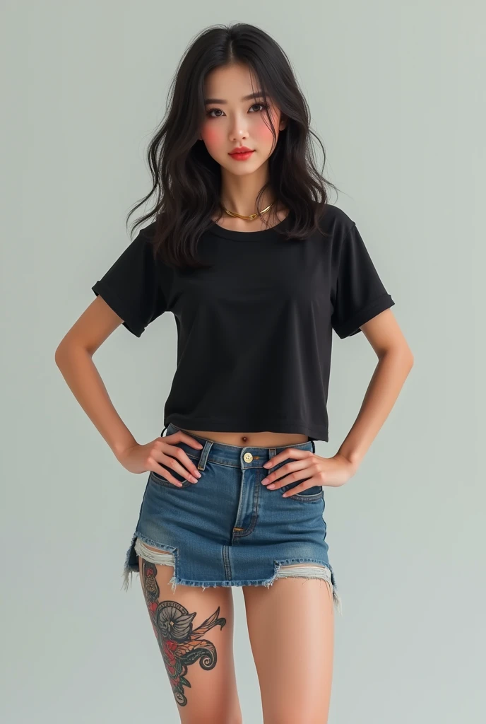 wanita korea memakai kaos reguler warna hitam, rok mini jeans, tato di paha kaki, tampak depan, gambar kualitas super