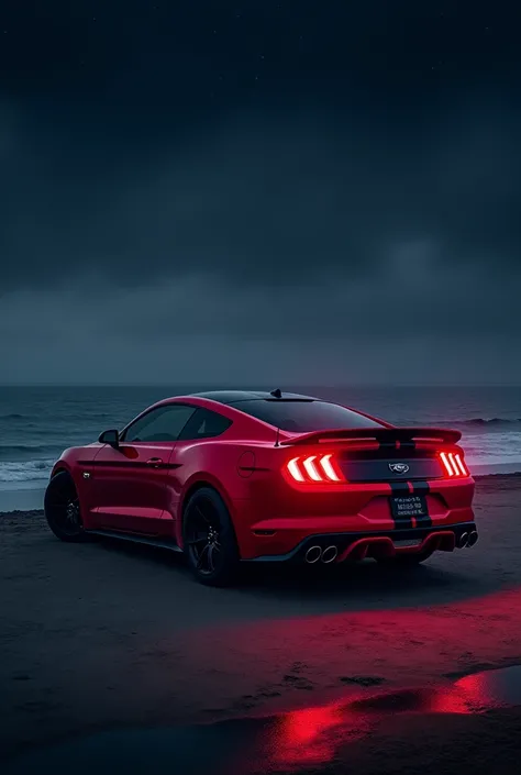 Red ford mustang in dark night beside with beach 
With car lightning 