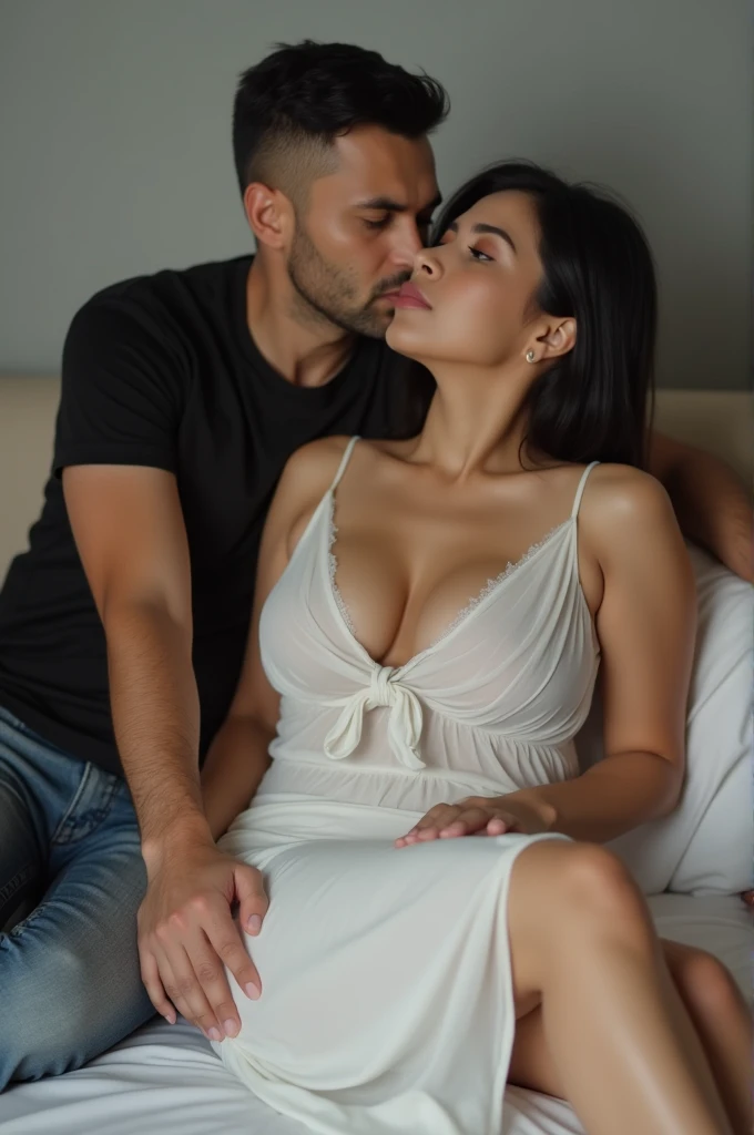 indonesian woman 40 years old, beautiful chubby sexy wearing a thin white transparent sleeveless dress, wearing white sandals lying on the sofa,

man 2, short hair wearing a black shirt, hugging tightly

background, romantic white cloth is very realistic, ...