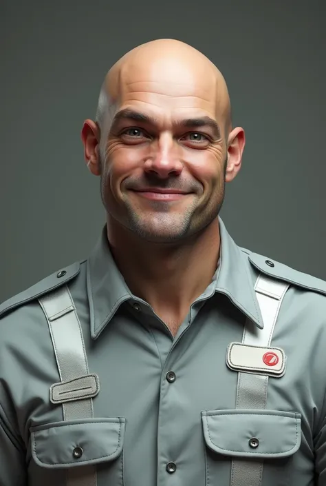 Make a grown man bald, light eyes, mischievous smile, wearing a light gray maintenance technician outfit with reflector