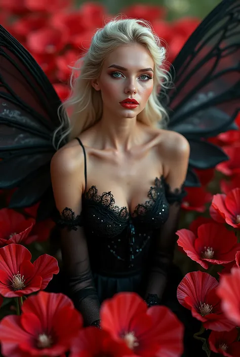 a blonde woman, long styled hair, beautiful, red lips, She is dressed as a black fairy, beautiful shiny black wings. It is sitting on the petals of a beautiful red.