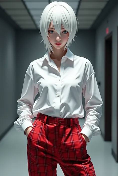 ultra realistic anime style 4K the character will have white hair slicked back with no white face and wears an all white shirt and red plaid pants 